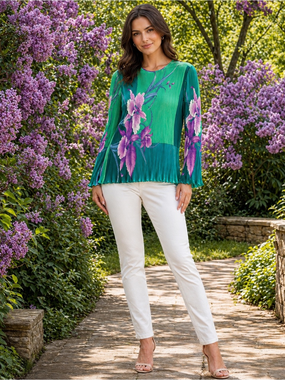 La Chemise Pleated Floral Blouse Size 8 Green Purple Long Sleeve Made USA